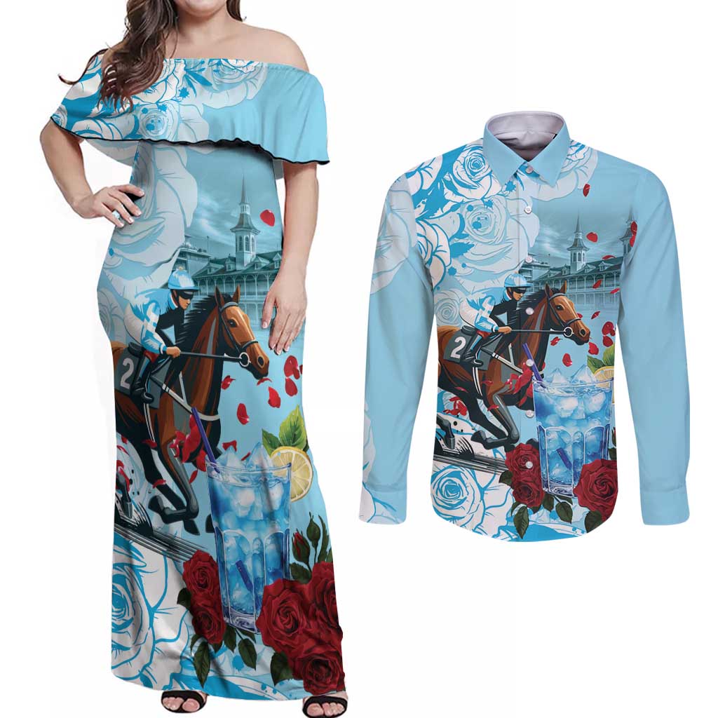 Kentucky Horse Racing Couples Matching Off Shoulder Maxi Dress and Long Sleeve Button Shirt Churchill Downs Derby Blueberry Mint Julep Cocktail