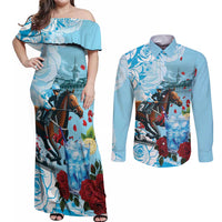 Kentucky Horse Racing Couples Matching Off Shoulder Maxi Dress and Long Sleeve Button Shirt Churchill Downs Derby Blueberry Mint Julep Cocktail