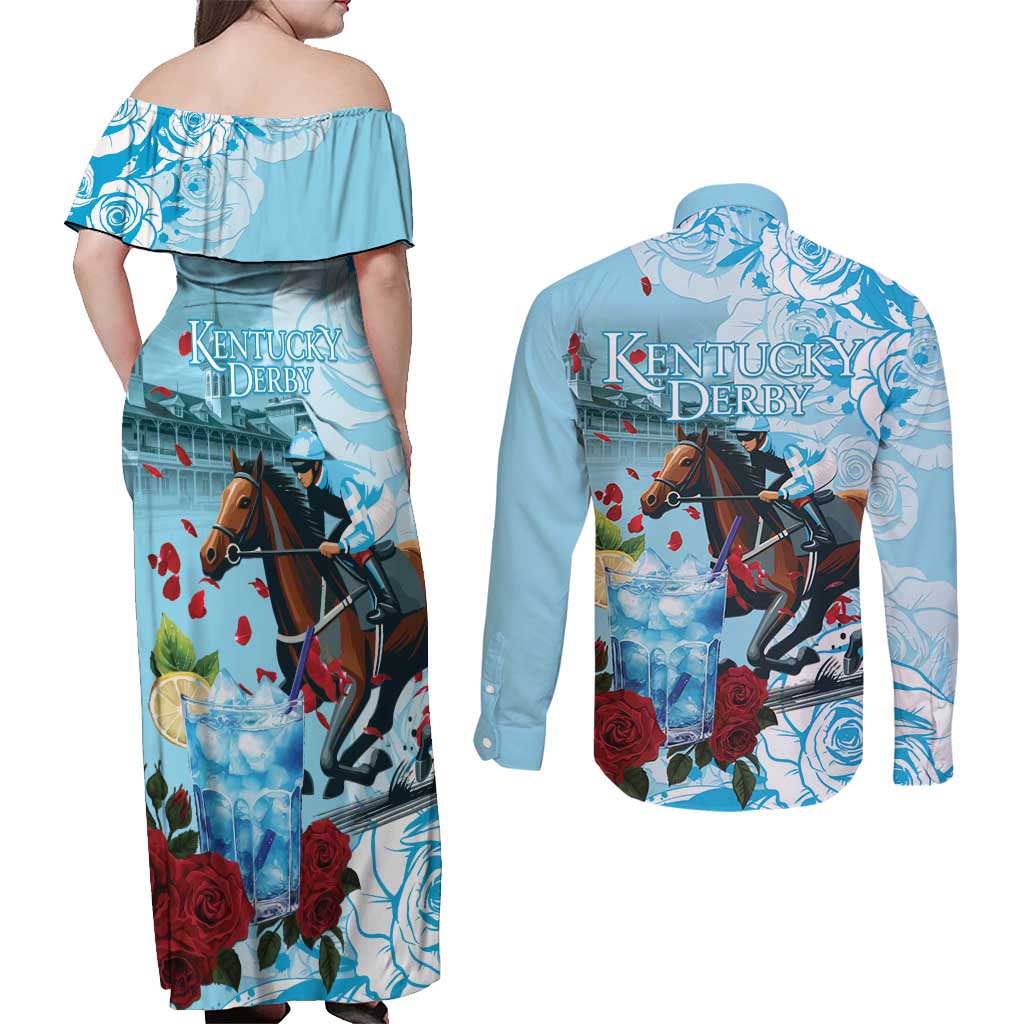 Kentucky Horse Racing Couples Matching Off Shoulder Maxi Dress and Long Sleeve Button Shirt Churchill Downs Derby Blueberry Mint Julep Cocktail