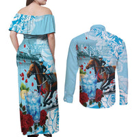 Kentucky Horse Racing Couples Matching Off Shoulder Maxi Dress and Long Sleeve Button Shirt Churchill Downs Derby Blueberry Mint Julep Cocktail