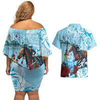 Kentucky Horse Racing Couples Matching Off Shoulder Short Dress and Hawaiian Shirt Churchill Downs Derby Blueberry Mint Julep Cocktail