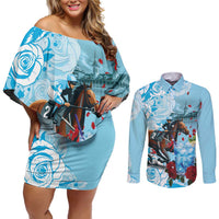 Kentucky Horse Racing Couples Matching Off Shoulder Short Dress and Long Sleeve Button Shirt Churchill Downs Derby Blueberry Mint Julep Cocktail