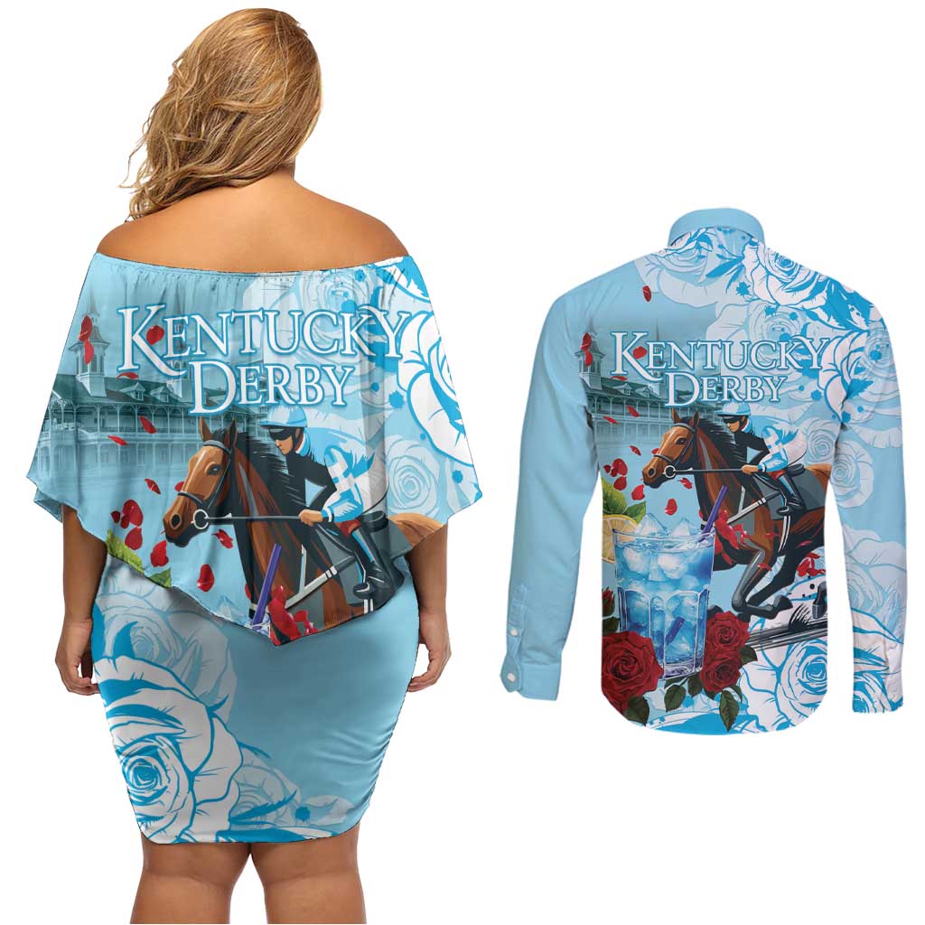 Kentucky Horse Racing Couples Matching Off Shoulder Short Dress and Long Sleeve Button Shirt Churchill Downs Derby Blueberry Mint Julep Cocktail