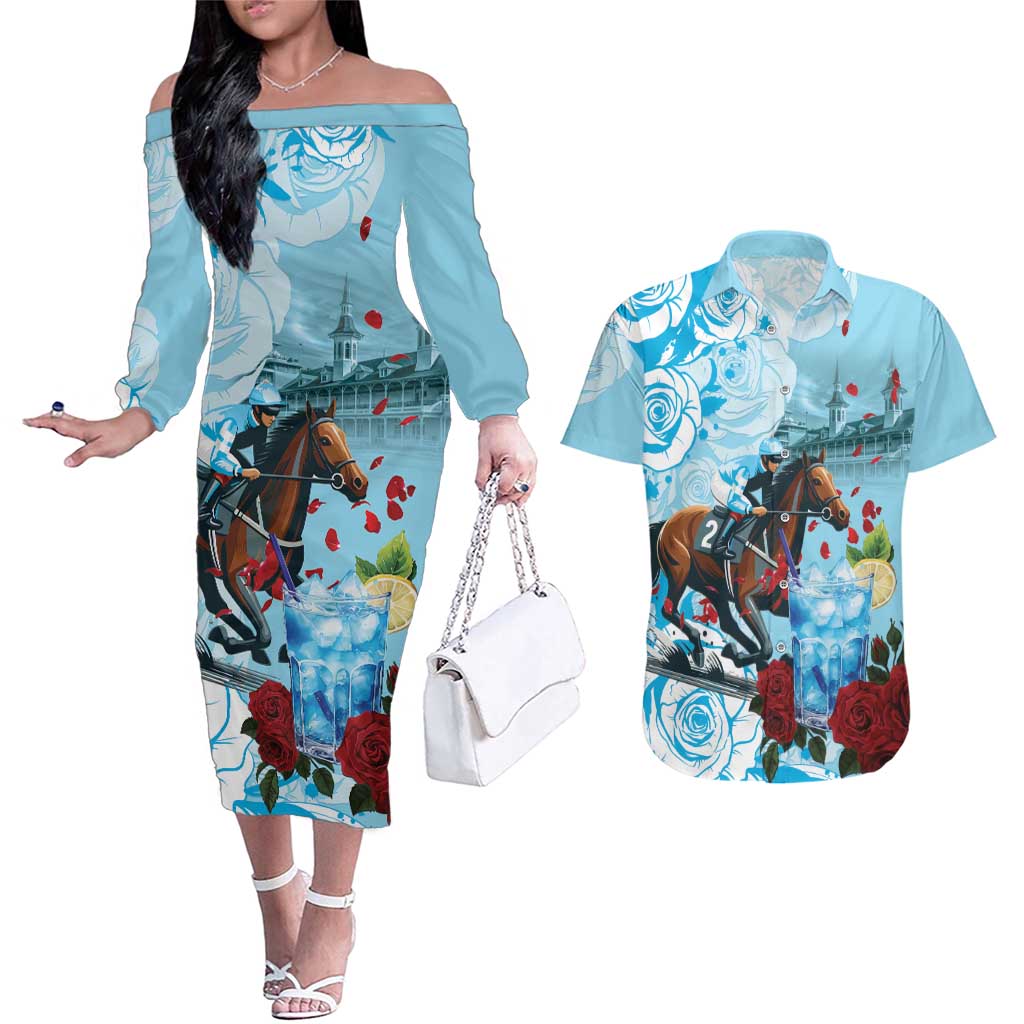 Kentucky Horse Racing Couples Matching Off The Shoulder Long Sleeve Dress and Hawaiian Shirt Churchill Downs Derby Blueberry Mint Julep Cocktail