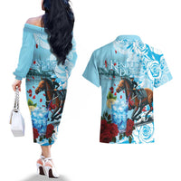 Kentucky Horse Racing Couples Matching Off The Shoulder Long Sleeve Dress and Hawaiian Shirt Churchill Downs Derby Blueberry Mint Julep Cocktail