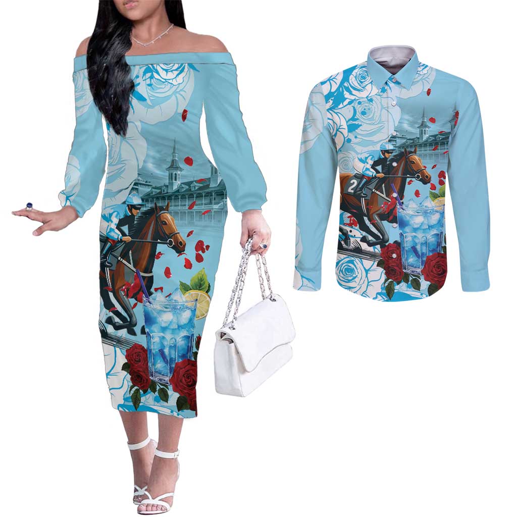 Kentucky Horse Racing Couples Matching Off The Shoulder Long Sleeve Dress and Long Sleeve Button Shirt Churchill Downs Derby Blueberry Mint Julep Cocktail