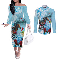 Kentucky Horse Racing Couples Matching Off The Shoulder Long Sleeve Dress and Long Sleeve Button Shirt Churchill Downs Derby Blueberry Mint Julep Cocktail