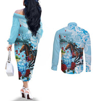 Kentucky Horse Racing Couples Matching Off The Shoulder Long Sleeve Dress and Long Sleeve Button Shirt Churchill Downs Derby Blueberry Mint Julep Cocktail