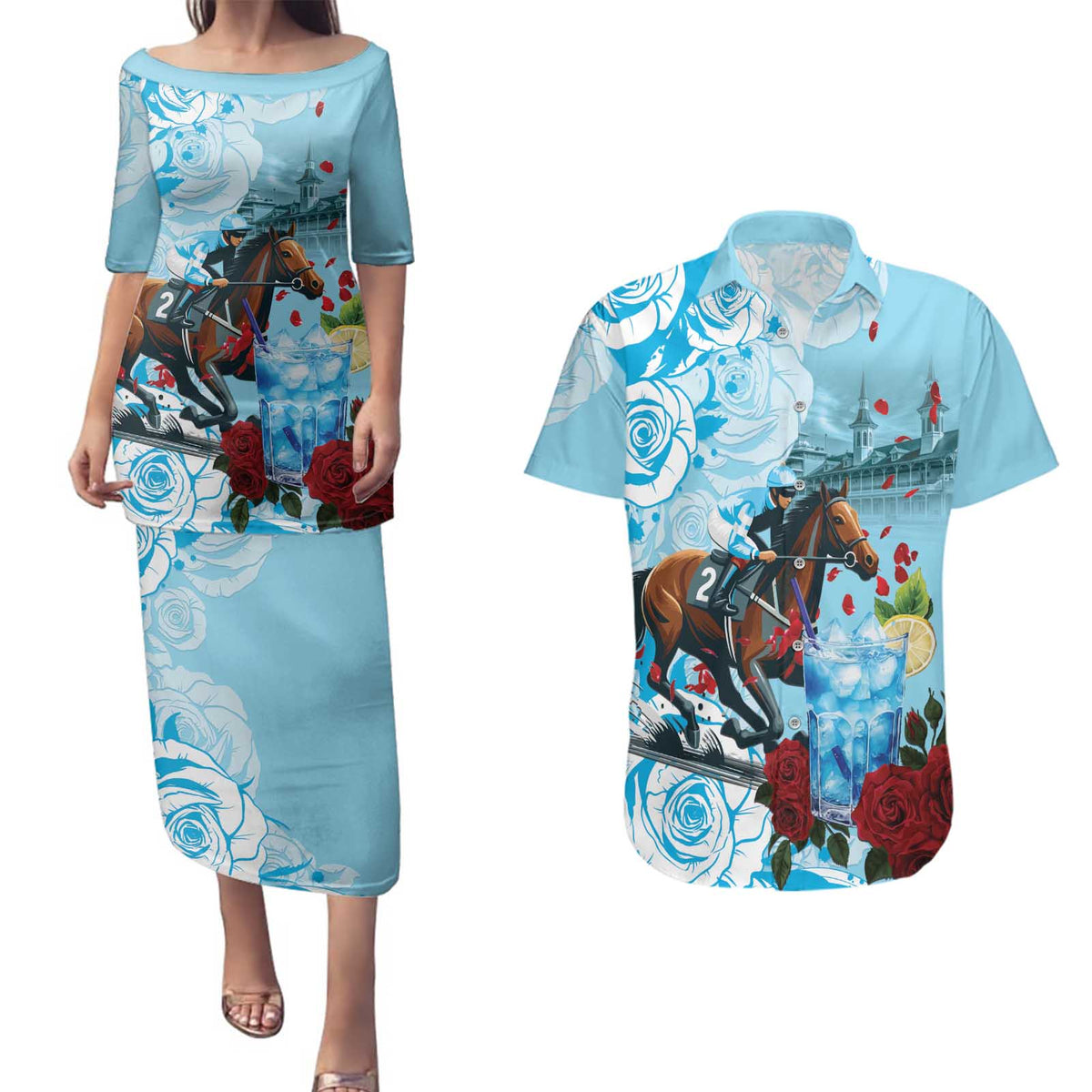 Kentucky Horse Racing Couples Matching Puletasi and Hawaiian Shirt Churchill Downs Derby Blueberry Mint Julep Cocktail