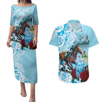 Kentucky Horse Racing Couples Matching Puletasi and Hawaiian Shirt Churchill Downs Derby Blueberry Mint Julep Cocktail
