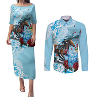 Kentucky Horse Racing Couples Matching Puletasi and Long Sleeve Button Shirt Churchill Downs Derby Blueberry Mint Julep Cocktail