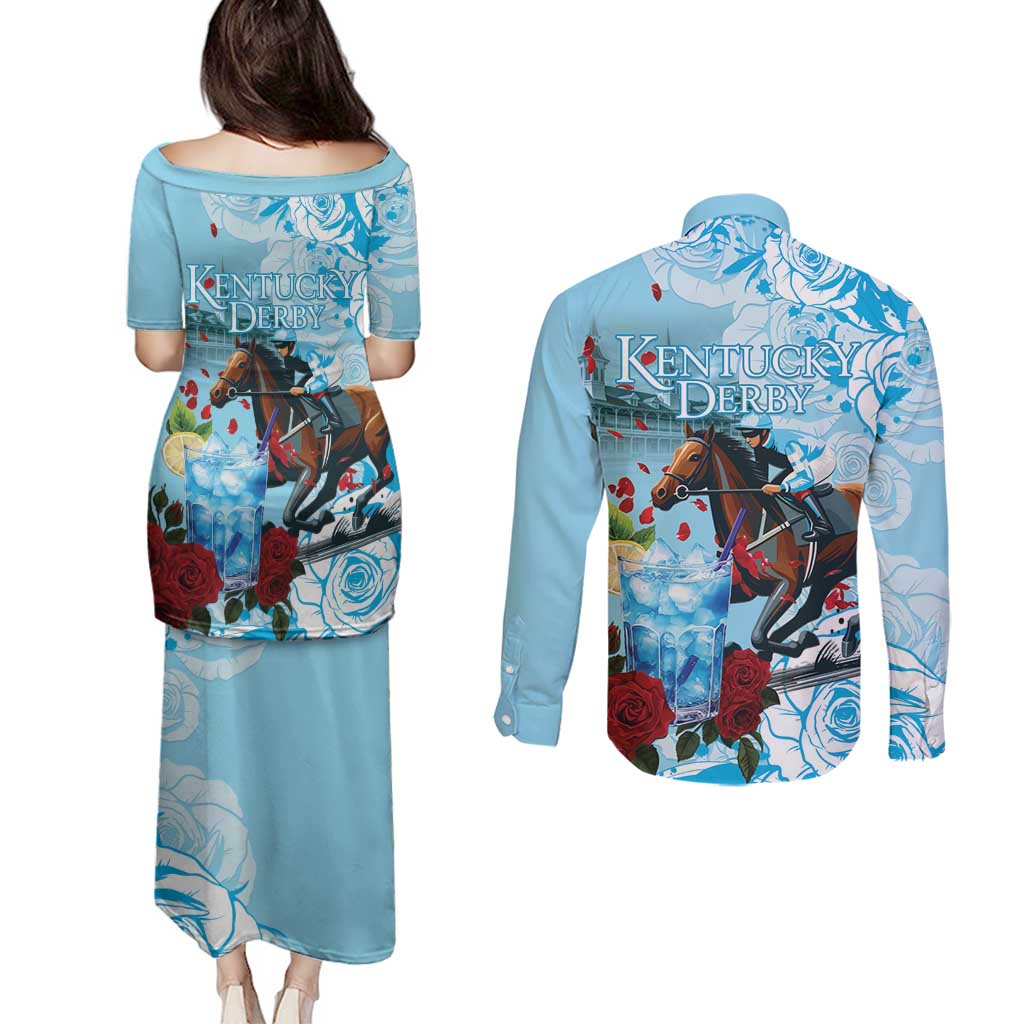 Kentucky Horse Racing Couples Matching Puletasi and Long Sleeve Button Shirt Churchill Downs Derby Blueberry Mint Julep Cocktail