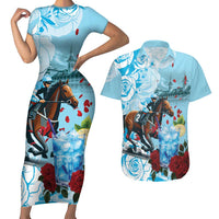 Kentucky Horse Racing Couples Matching Short Sleeve Bodycon Dress and Hawaiian Shirt Churchill Downs Derby Blueberry Mint Julep Cocktail