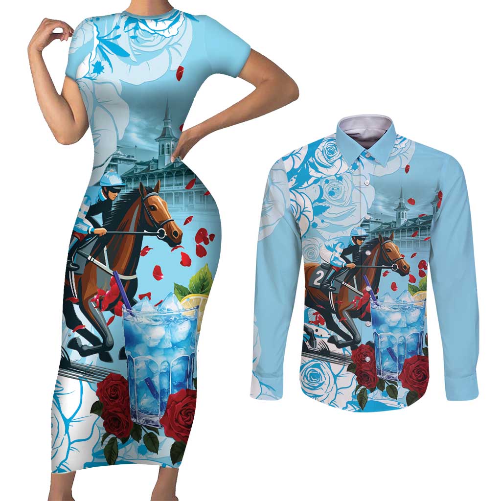 Kentucky Horse Racing Couples Matching Short Sleeve Bodycon Dress and Long Sleeve Button Shirt Churchill Downs Derby Blueberry Mint Julep Cocktail