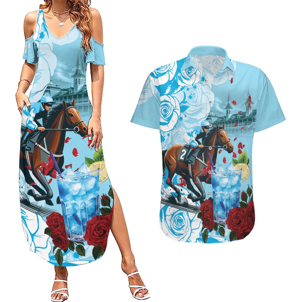 Kentucky Horse Racing Couples Matching Summer Maxi Dress and Hawaiian Shirt Churchill Downs Derby Blueberry Mint Julep Cocktail