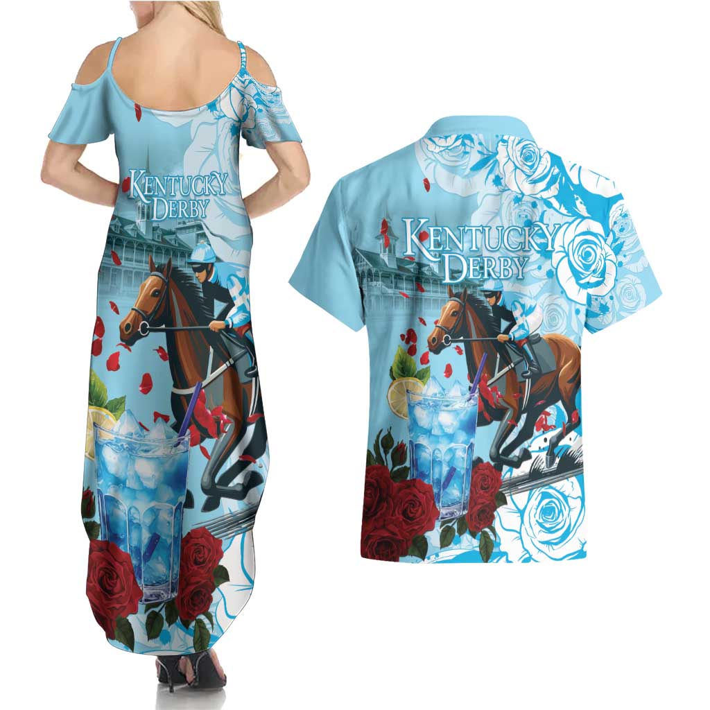 Kentucky Horse Racing Couples Matching Summer Maxi Dress and Hawaiian Shirt Churchill Downs Derby Blueberry Mint Julep Cocktail