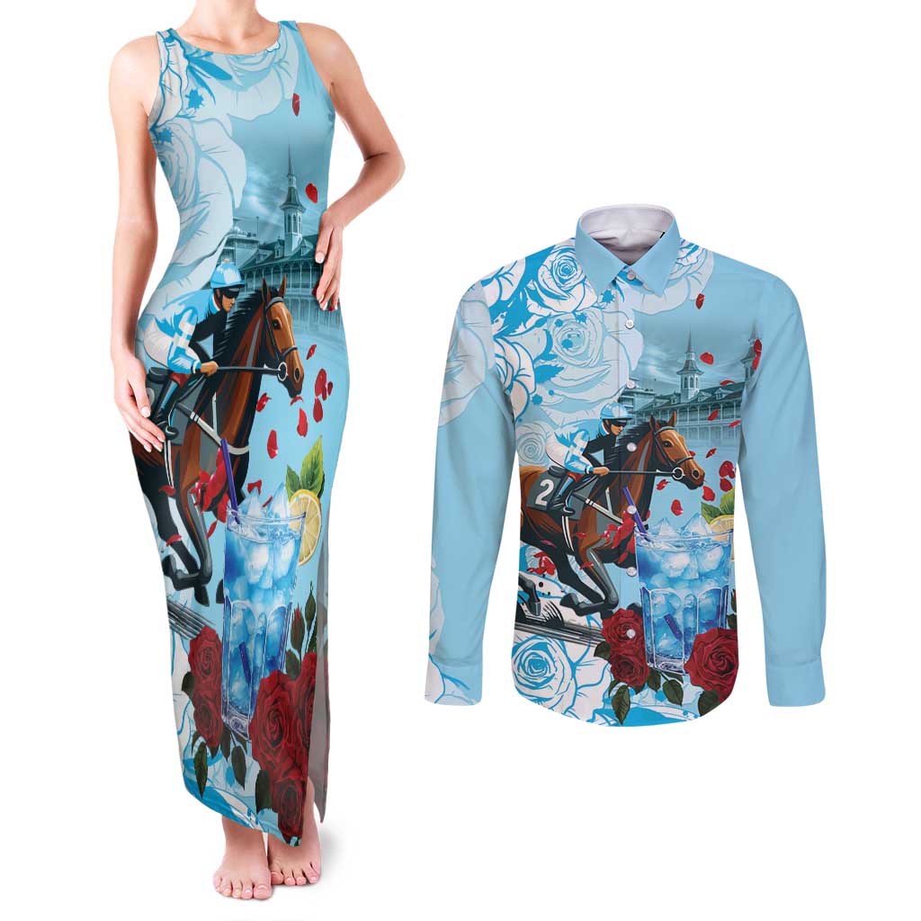Kentucky Horse Racing Couples Matching Tank Maxi Dress and Long Sleeve Button Shirt Churchill Downs Derby Blueberry Mint Julep Cocktail
