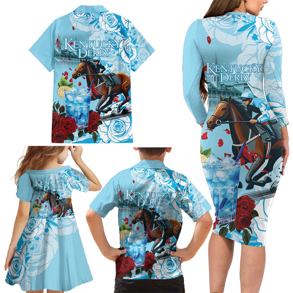 Kentucky Horse Racing Family Matching Long Sleeve Bodycon Dress and Hawaiian Shirt Churchill Downs Derby Blueberry Mint Julep Cocktail