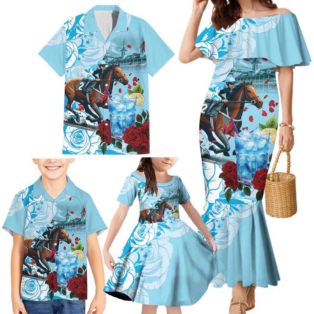 Kentucky Horse Racing Family Matching Mermaid Dress and Hawaiian Shirt Churchill Downs Derby Blueberry Mint Julep Cocktail