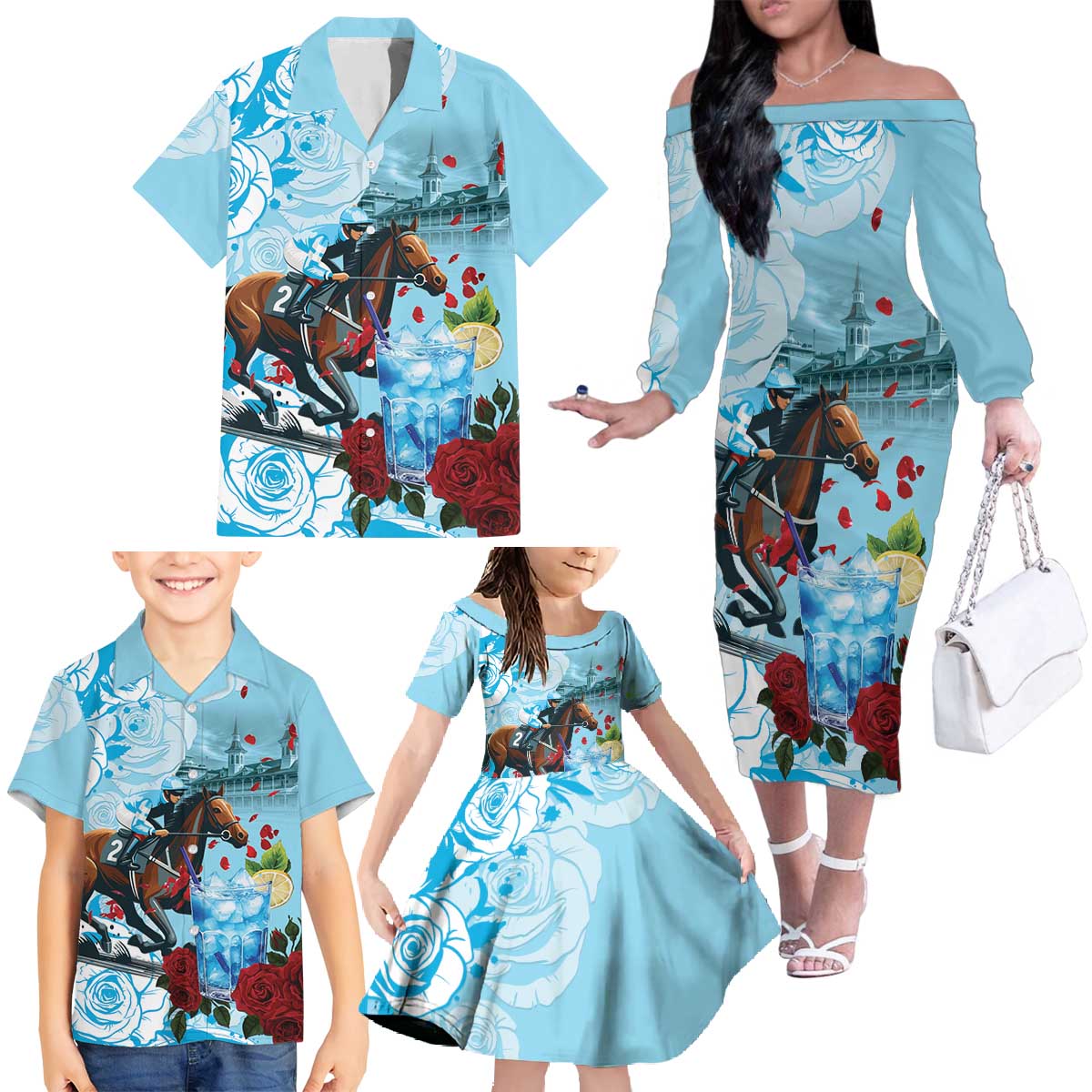 Kentucky Horse Racing Family Matching Off The Shoulder Long Sleeve Dress and Hawaiian Shirt Churchill Downs Derby Blueberry Mint Julep Cocktail