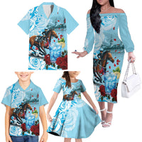 Kentucky Horse Racing Family Matching Off The Shoulder Long Sleeve Dress and Hawaiian Shirt Churchill Downs Derby Blueberry Mint Julep Cocktail