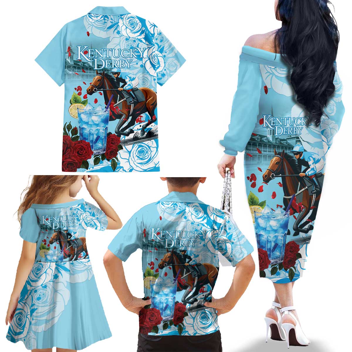 Kentucky Horse Racing Family Matching Off The Shoulder Long Sleeve Dress and Hawaiian Shirt Churchill Downs Derby Blueberry Mint Julep Cocktail