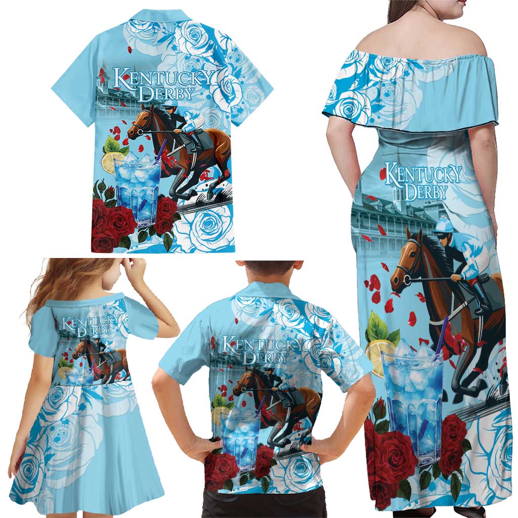 Kentucky Horse Racing Family Matching Off Shoulder Maxi Dress and Hawaiian Shirt Churchill Downs Derby Blueberry Mint Julep Cocktail