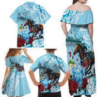 Kentucky Horse Racing Family Matching Off Shoulder Maxi Dress and Hawaiian Shirt Churchill Downs Derby Blueberry Mint Julep Cocktail