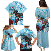 Kentucky Horse Racing Family Matching Puletasi and Hawaiian Shirt Churchill Downs Derby Blueberry Mint Julep Cocktail