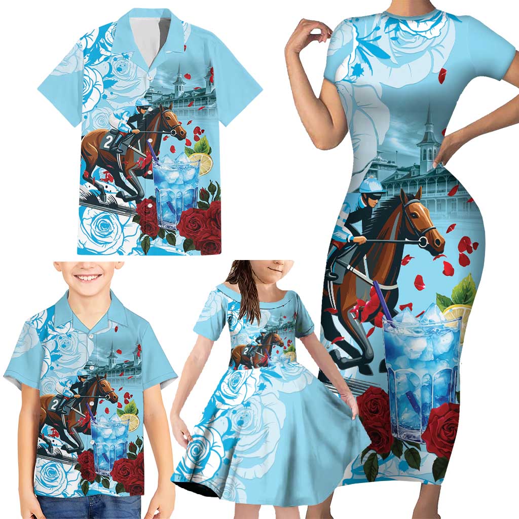Kentucky Horse Racing Family Matching Short Sleeve Bodycon Dress and Hawaiian Shirt Churchill Downs Derby Blueberry Mint Julep Cocktail