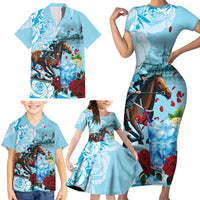 Kentucky Horse Racing Family Matching Short Sleeve Bodycon Dress and Hawaiian Shirt Churchill Downs Derby Blueberry Mint Julep Cocktail