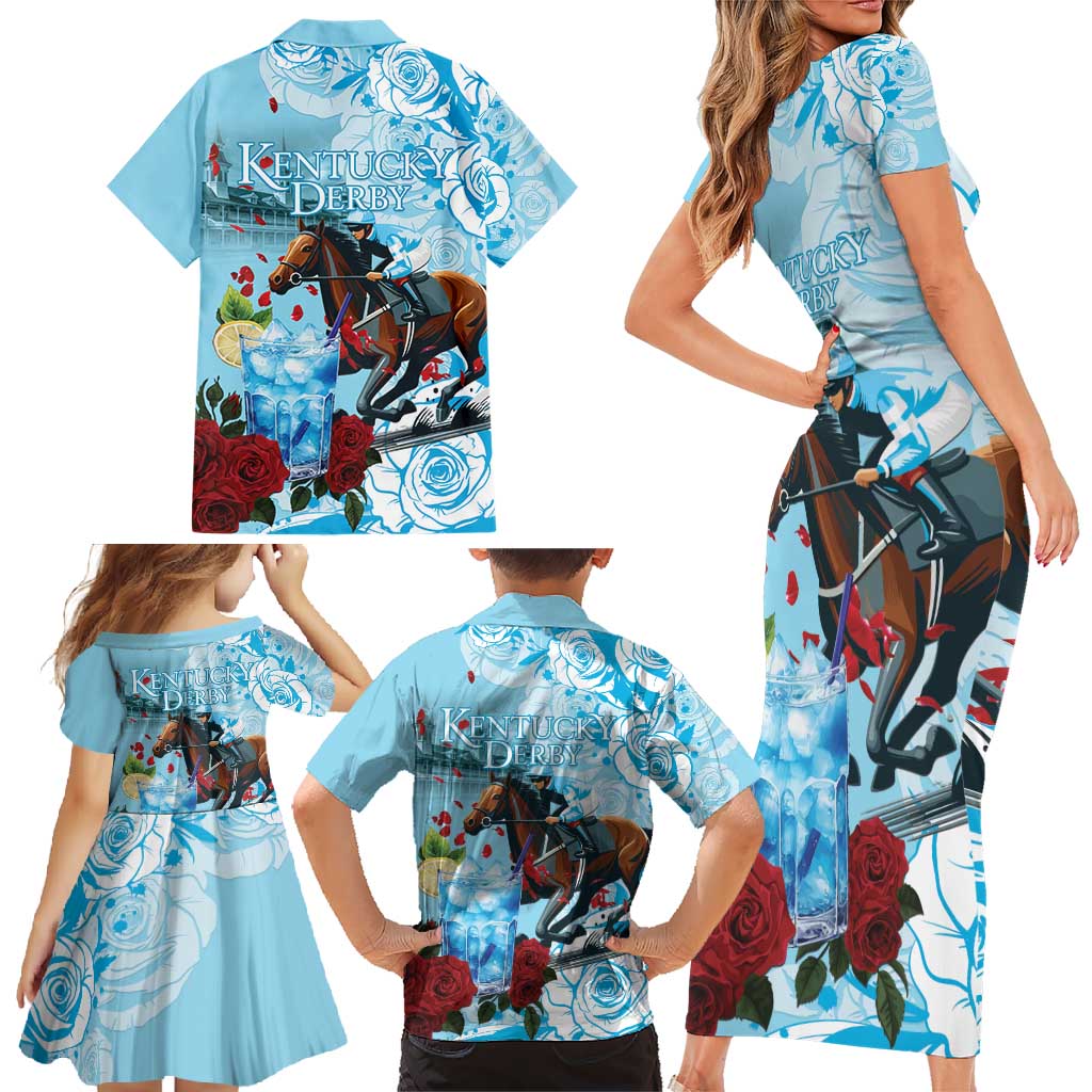 Kentucky Horse Racing Family Matching Short Sleeve Bodycon Dress and Hawaiian Shirt Churchill Downs Derby Blueberry Mint Julep Cocktail