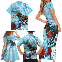 Kentucky Horse Racing Family Matching Short Sleeve Bodycon Dress and Hawaiian Shirt Churchill Downs Derby Blueberry Mint Julep Cocktail