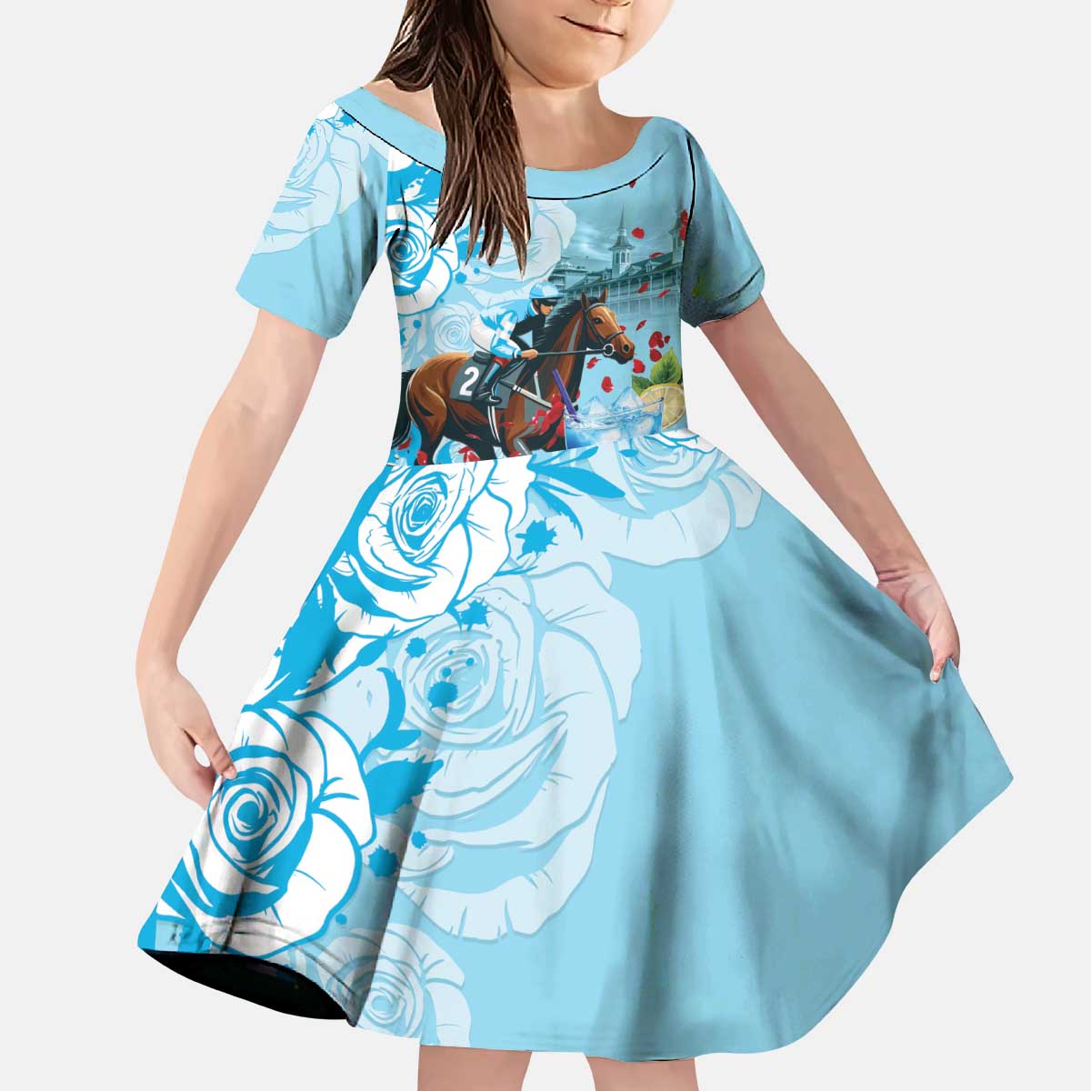 Kentucky Horse Racing Kid Short Sleeve Dress Churchill Downs Derby Blueberry Mint Julep Cocktail