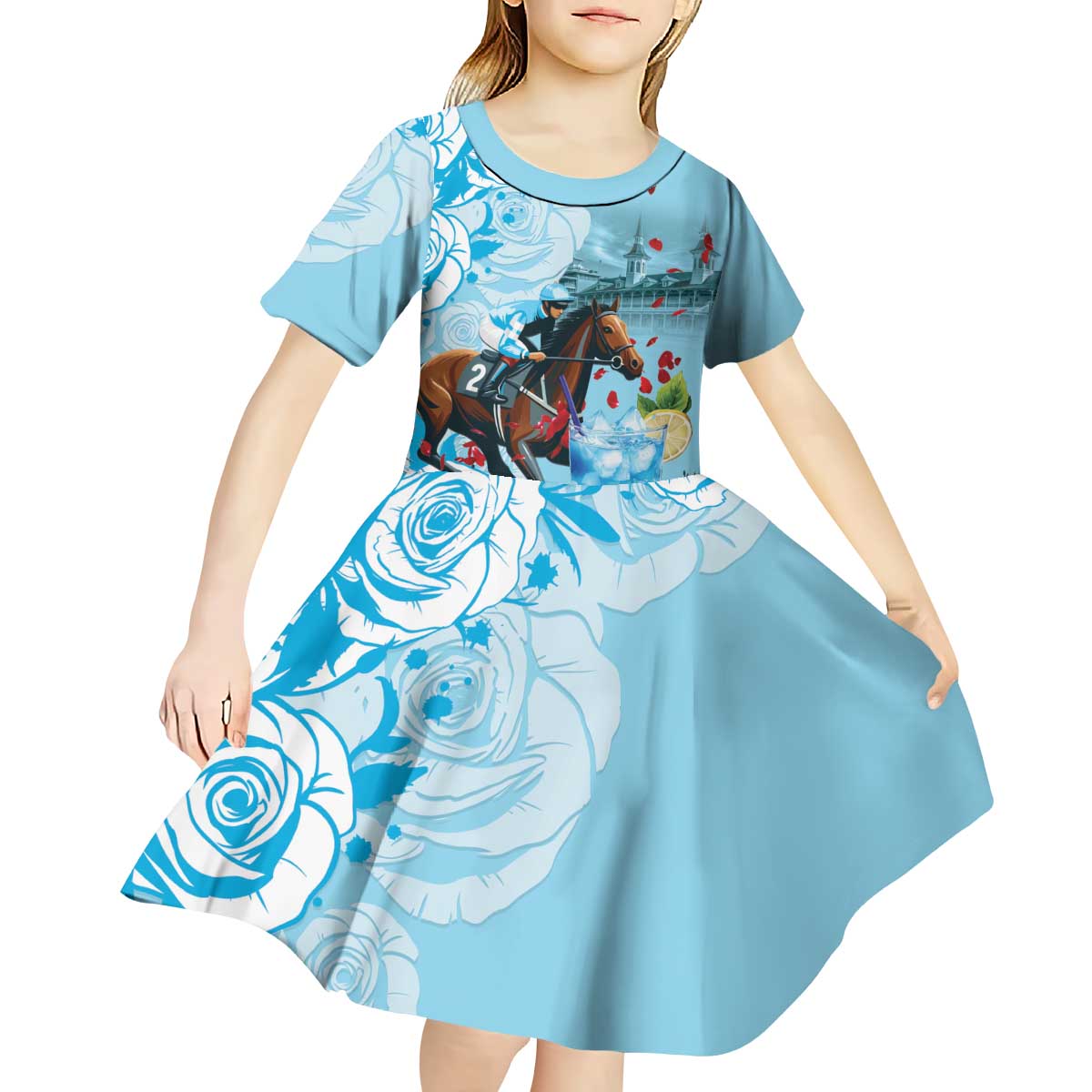 Kentucky Horse Racing Kid Short Sleeve Dress Churchill Downs Derby Blueberry Mint Julep Cocktail