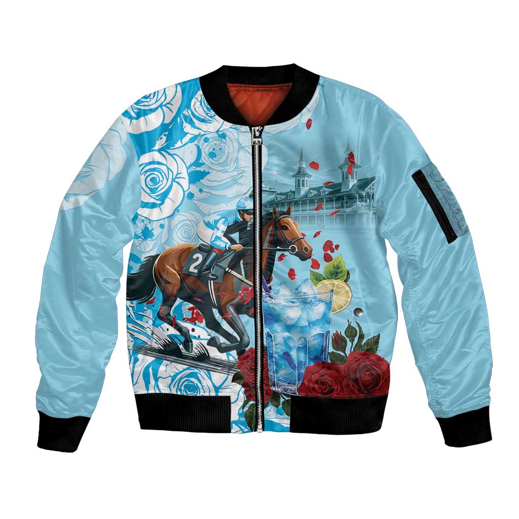 Kentucky Horse Racing Sleeve Zip Bomber Jacket Churchill Downs Derby Blueberry Mint Julep Cocktail