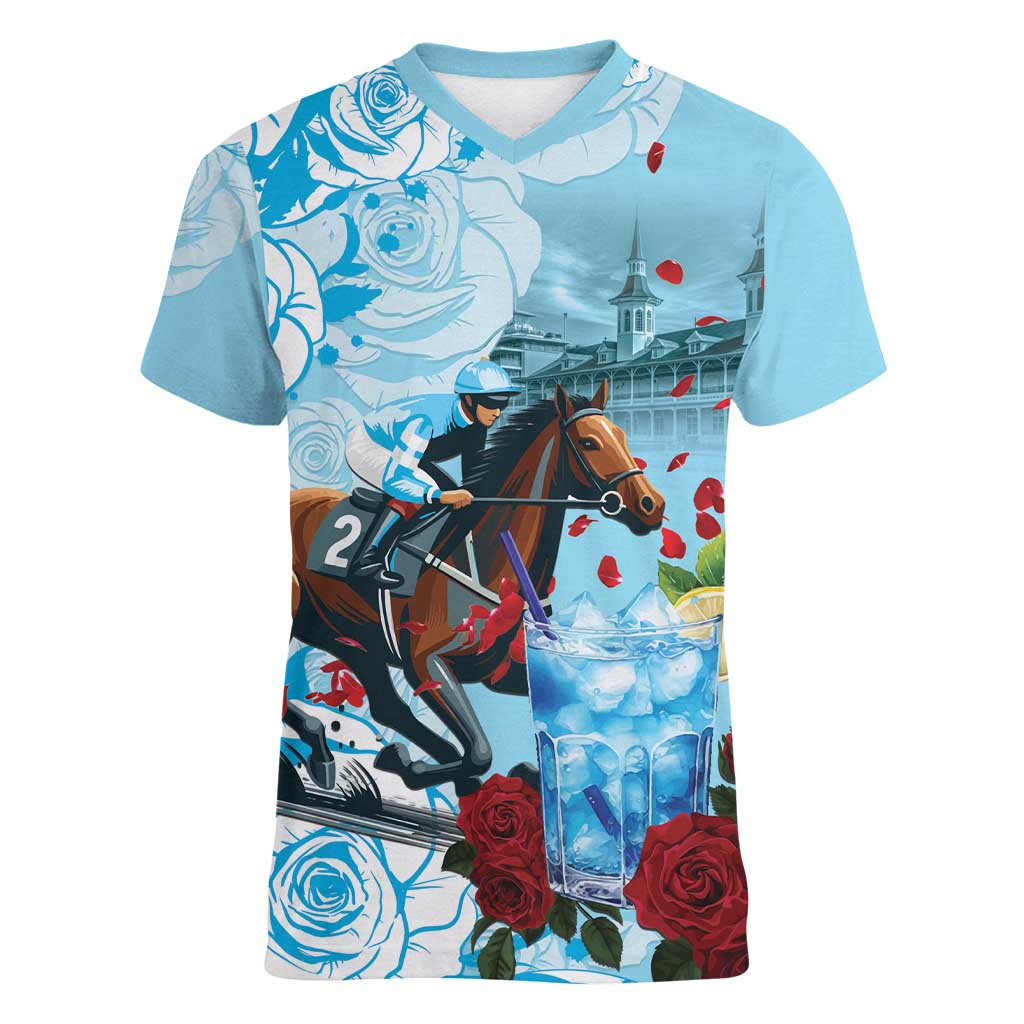 Kentucky Horse Racing Women V-Neck T-Shirt Churchill Downs Derby Blueberry Mint Julep Cocktail