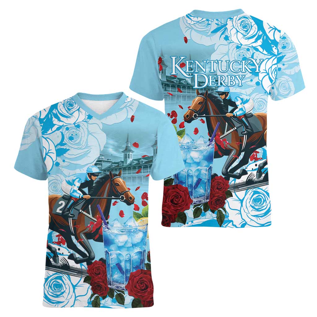 Kentucky Horse Racing Women V-Neck T-Shirt Churchill Downs Derby Blueberry Mint Julep Cocktail