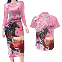 Kentucky Horse Racing Couples Matching Long Sleeve Bodycon Dress and Hawaiian Shirt Churchill Downs Derby Strawberry Mint Julep Cocktail