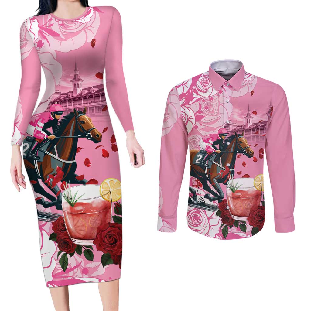 Kentucky Horse Racing Couples Matching Long Sleeve Bodycon Dress and Long Sleeve Button Shirt Churchill Downs Derby Strawberry Mint Julep Cocktail