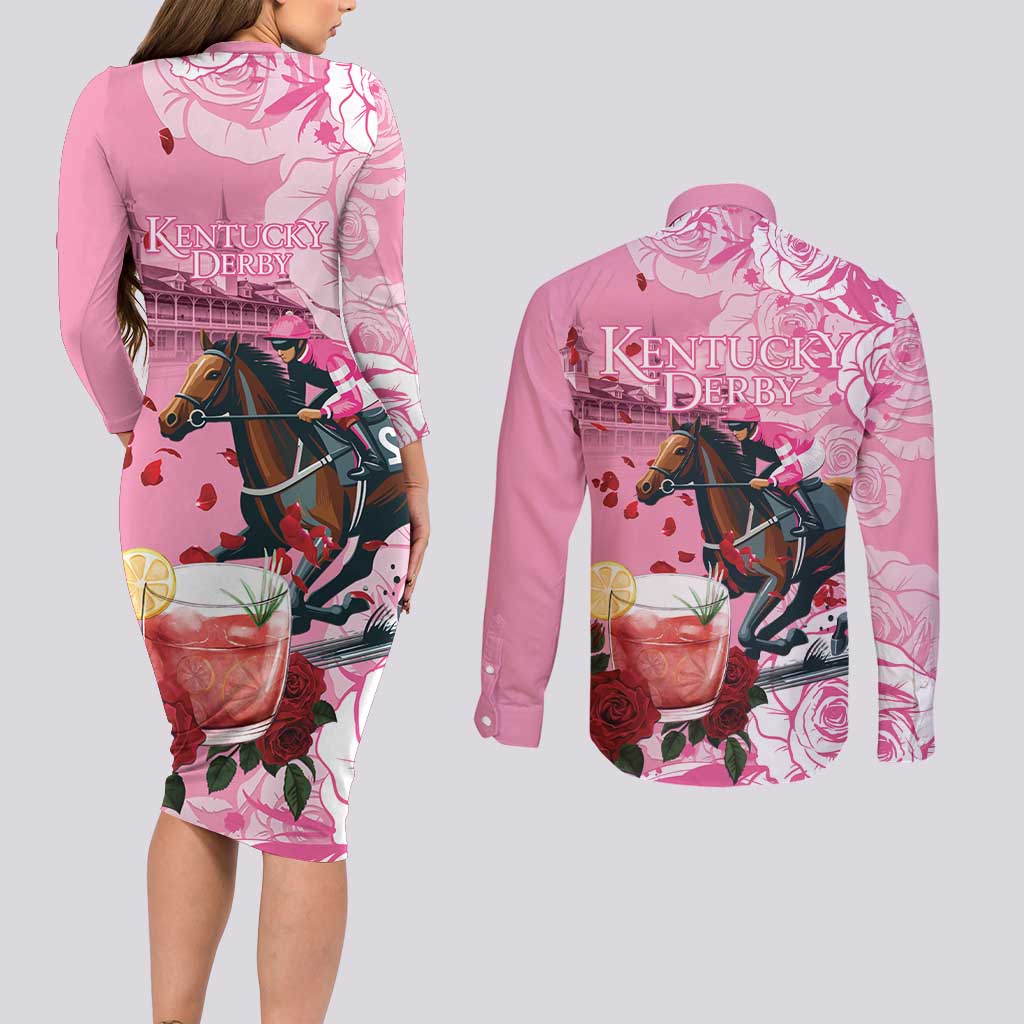 Kentucky Horse Racing Couples Matching Long Sleeve Bodycon Dress and Long Sleeve Button Shirt Churchill Downs Derby Strawberry Mint Julep Cocktail