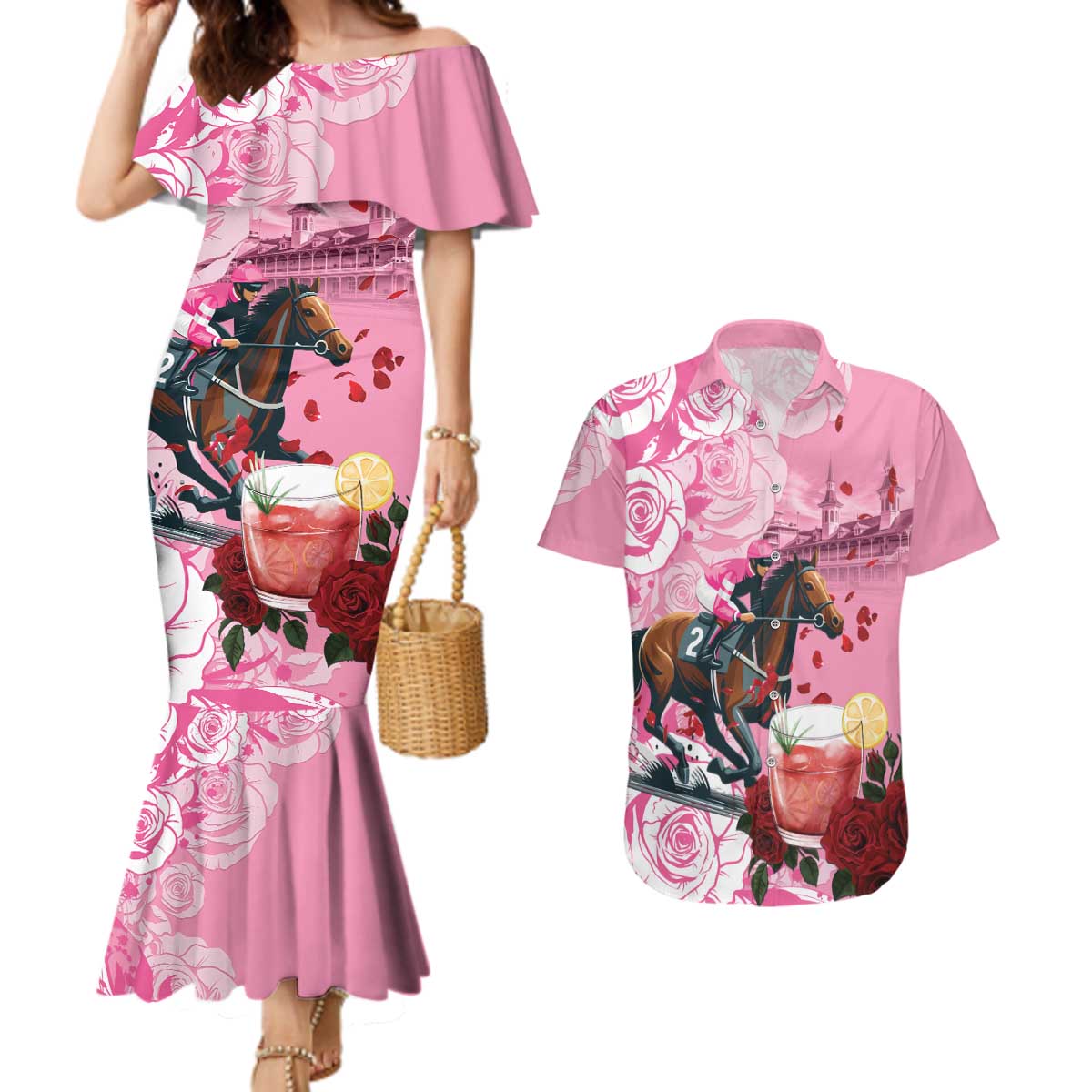 Kentucky Horse Racing Couples Matching Mermaid Dress and Hawaiian Shirt Churchill Downs Derby Strawberry Mint Julep Cocktail