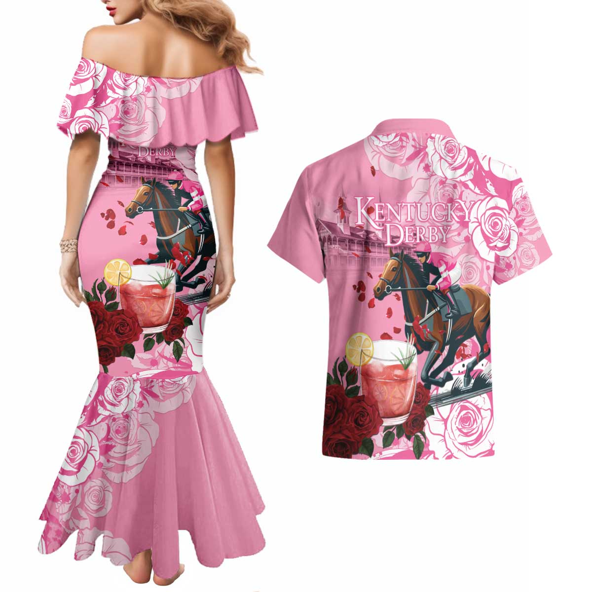 Kentucky Horse Racing Couples Matching Mermaid Dress and Hawaiian Shirt Churchill Downs Derby Strawberry Mint Julep Cocktail