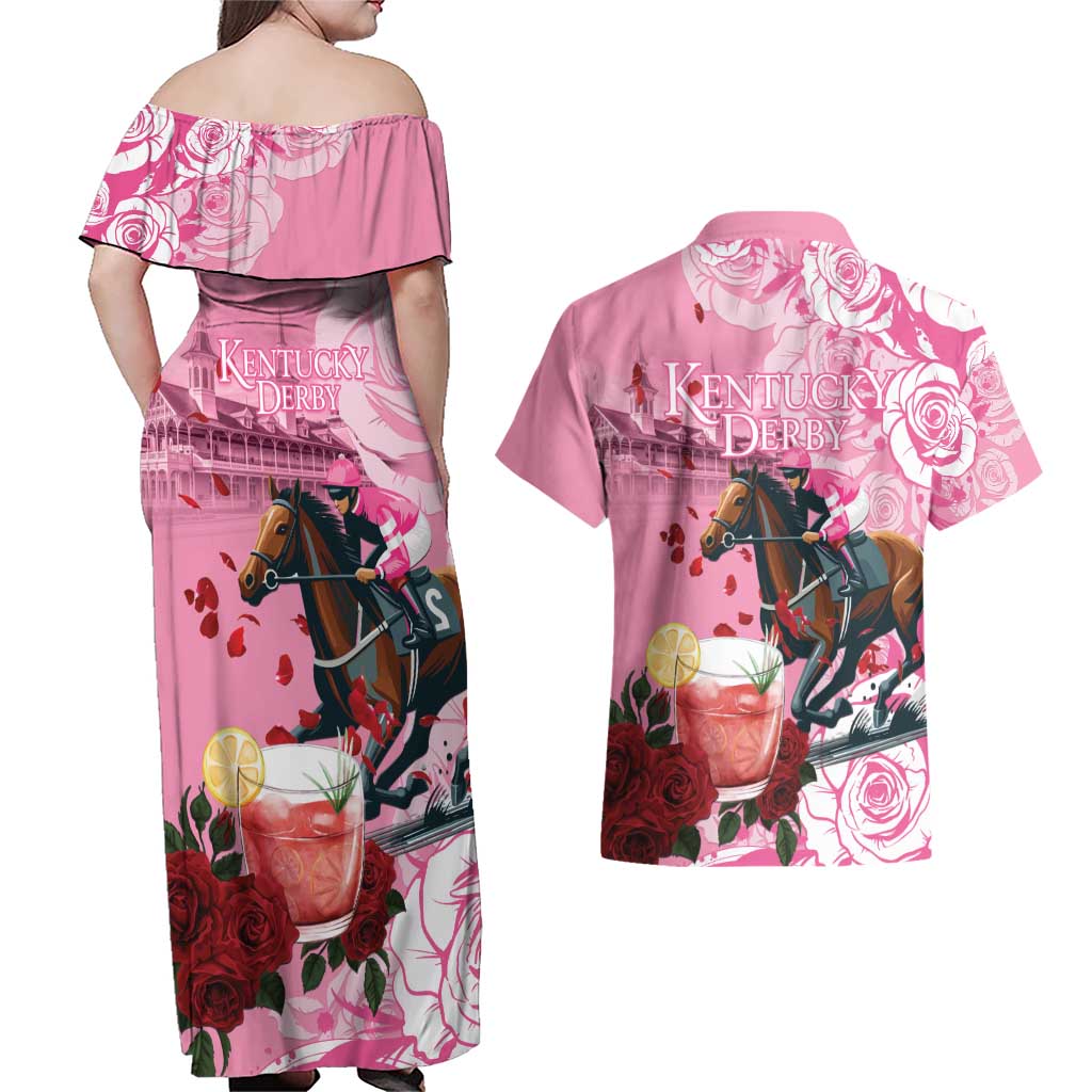 Kentucky Horse Racing Couples Matching Off Shoulder Maxi Dress and Hawaiian Shirt Churchill Downs Derby Strawberry Mint Julep Cocktail