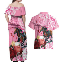 Kentucky Horse Racing Couples Matching Off Shoulder Maxi Dress and Hawaiian Shirt Churchill Downs Derby Strawberry Mint Julep Cocktail