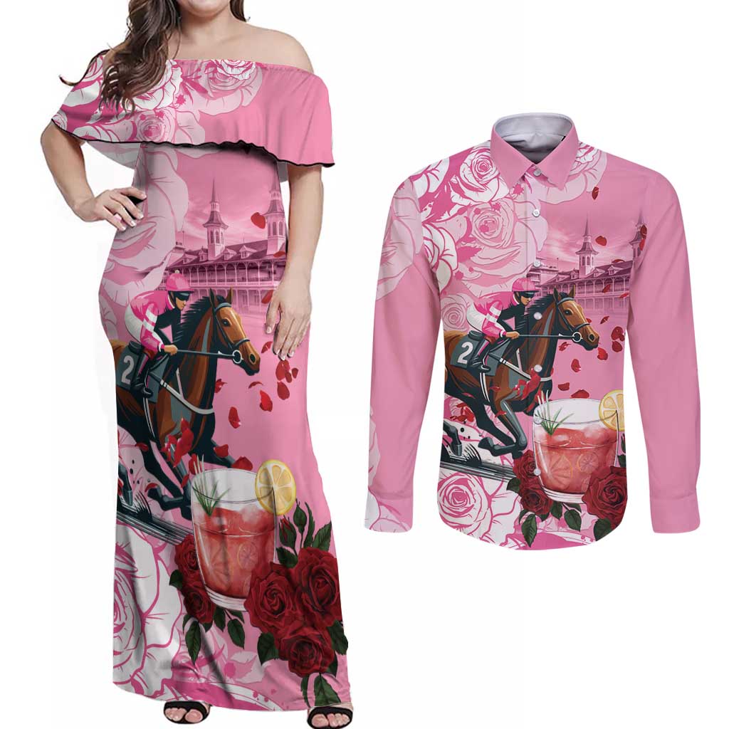 Kentucky Horse Racing Couples Matching Off Shoulder Maxi Dress and Long Sleeve Button Shirt Churchill Downs Derby Strawberry Mint Julep Cocktail