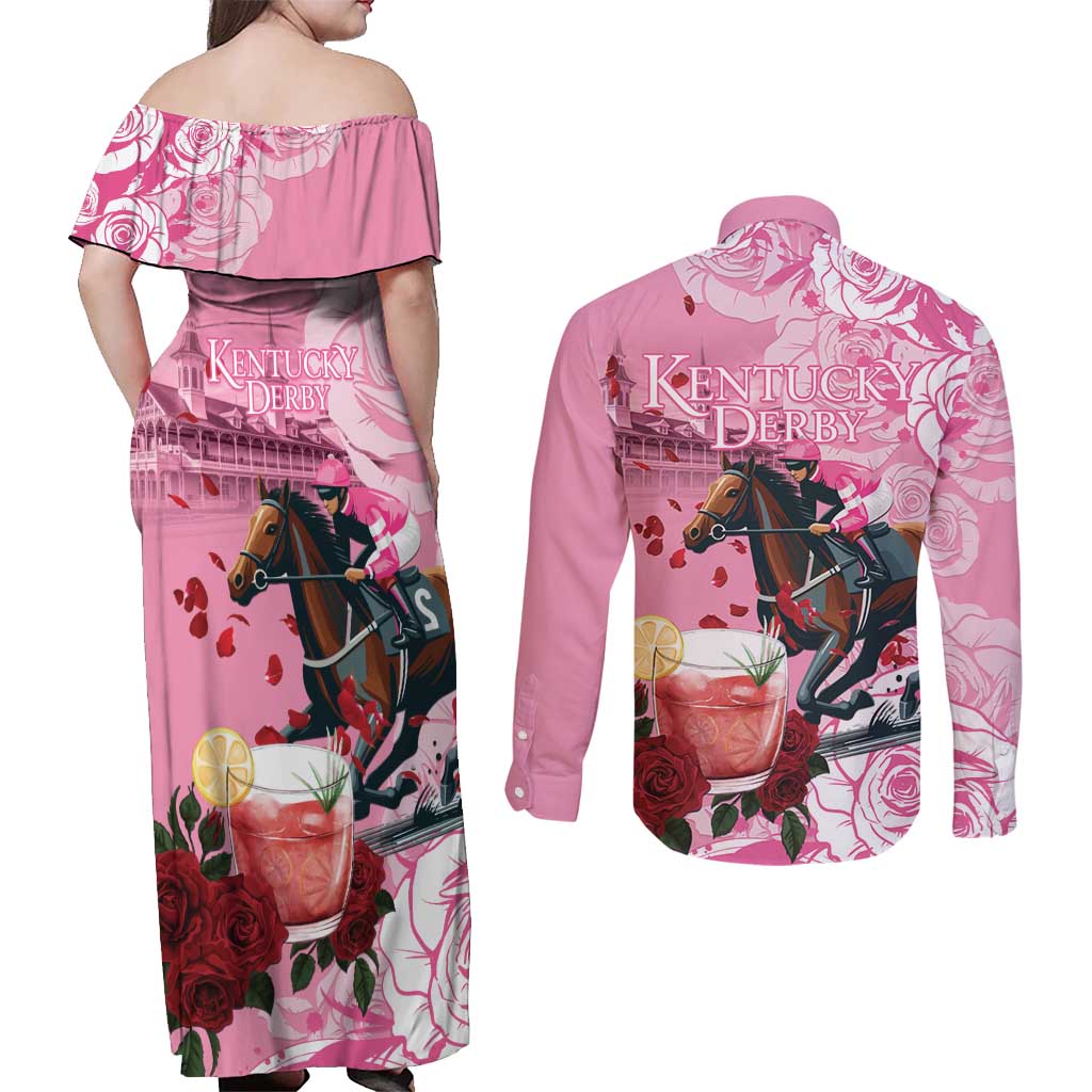 Kentucky Horse Racing Couples Matching Off Shoulder Maxi Dress and Long Sleeve Button Shirt Churchill Downs Derby Strawberry Mint Julep Cocktail