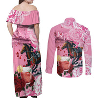 Kentucky Horse Racing Couples Matching Off Shoulder Maxi Dress and Long Sleeve Button Shirt Churchill Downs Derby Strawberry Mint Julep Cocktail