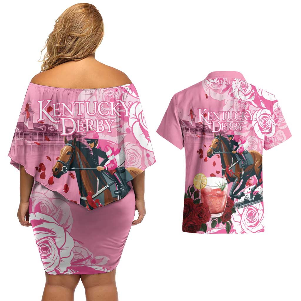 Kentucky Horse Racing Couples Matching Off Shoulder Short Dress and Hawaiian Shirt Churchill Downs Derby Strawberry Mint Julep Cocktail