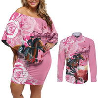 Kentucky Horse Racing Couples Matching Off Shoulder Short Dress and Long Sleeve Button Shirt Churchill Downs Derby Strawberry Mint Julep Cocktail